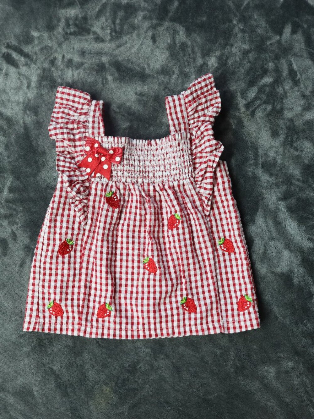 Rare Editions Strawberry Gingham Smocked Top Seersucker 12M